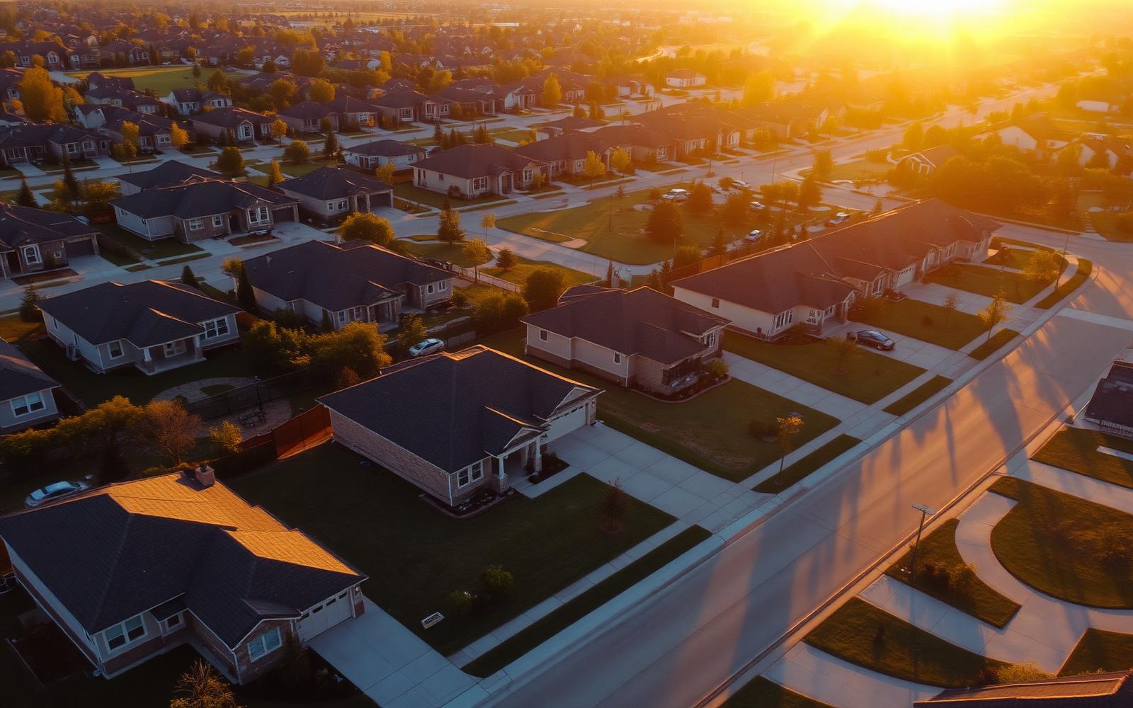 Aerial view of a Plano Texas neighborhood at sunset