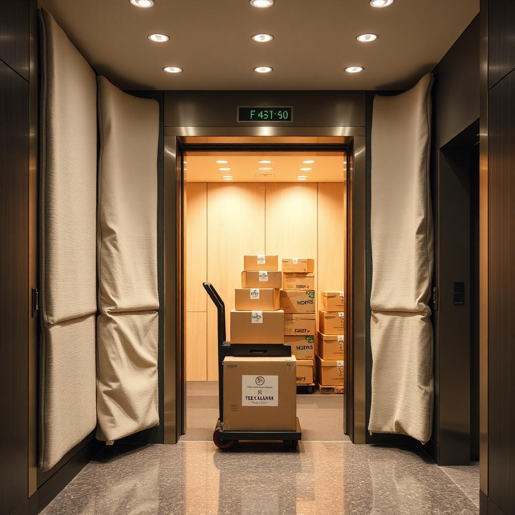 Padded service elevator with a labeled dolly of moving boxes
