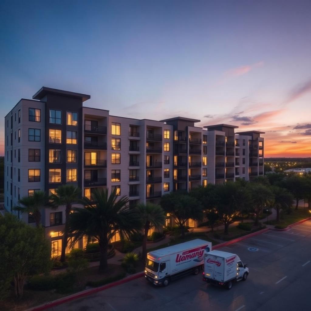 Modern Plano apartment complex at dusk with a moving truck parked in the loading zone