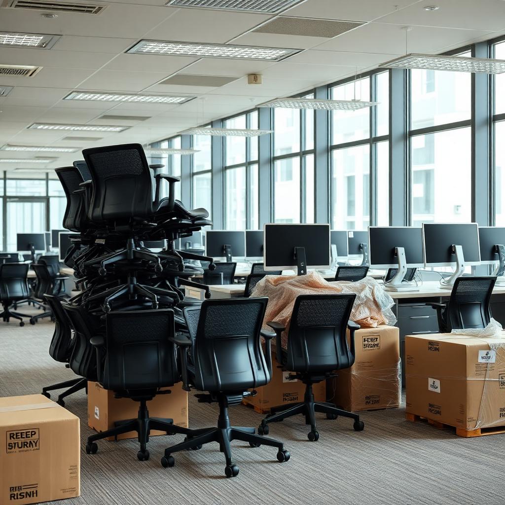 Modern Plano office mid-relocation with stacked chairs, labeled crates and wrapped monitors