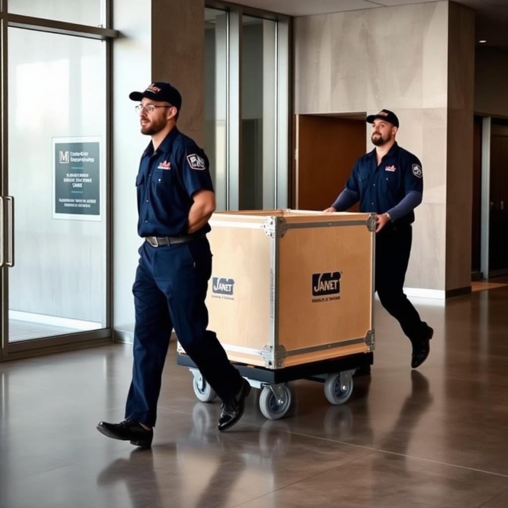 Commercial movers wheeling an equipment crate through a modern office lobby