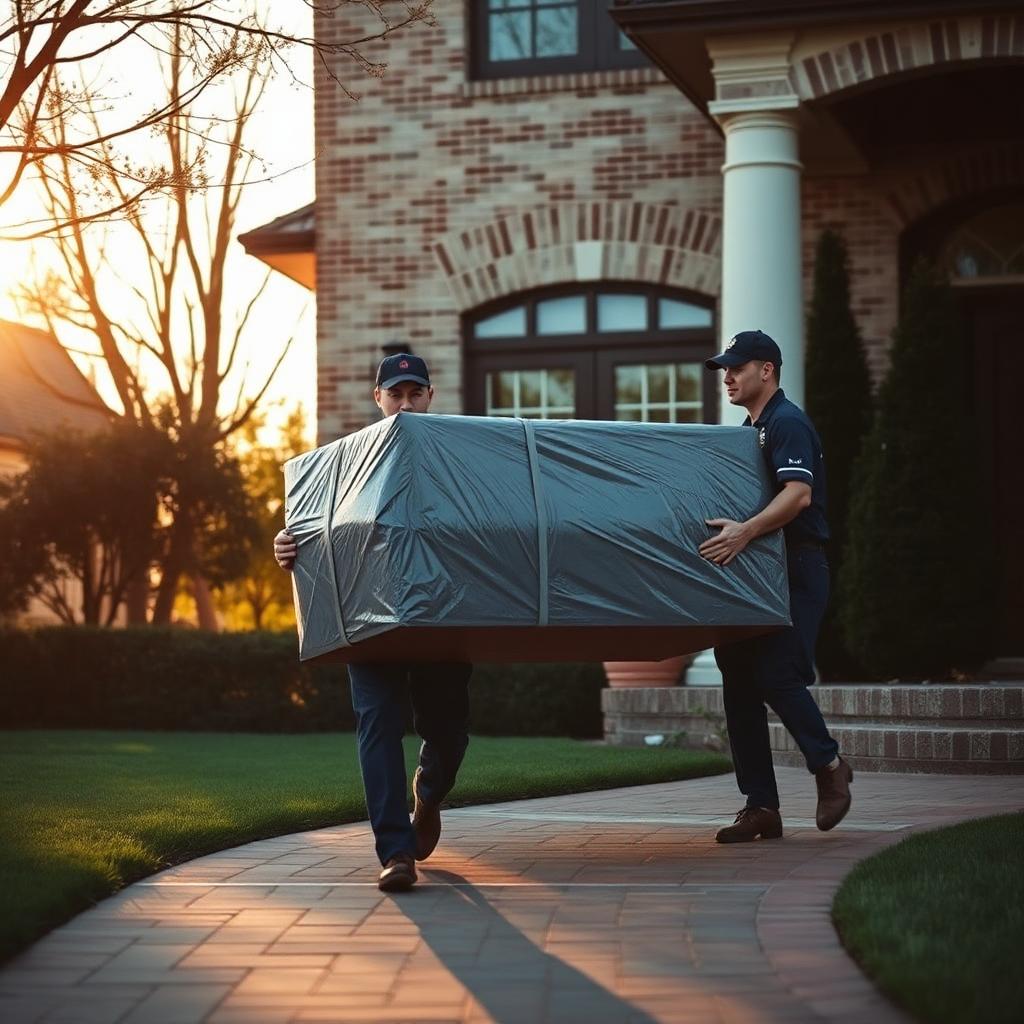 Plano movers carrying a wrapped sofa up a suburban driveway