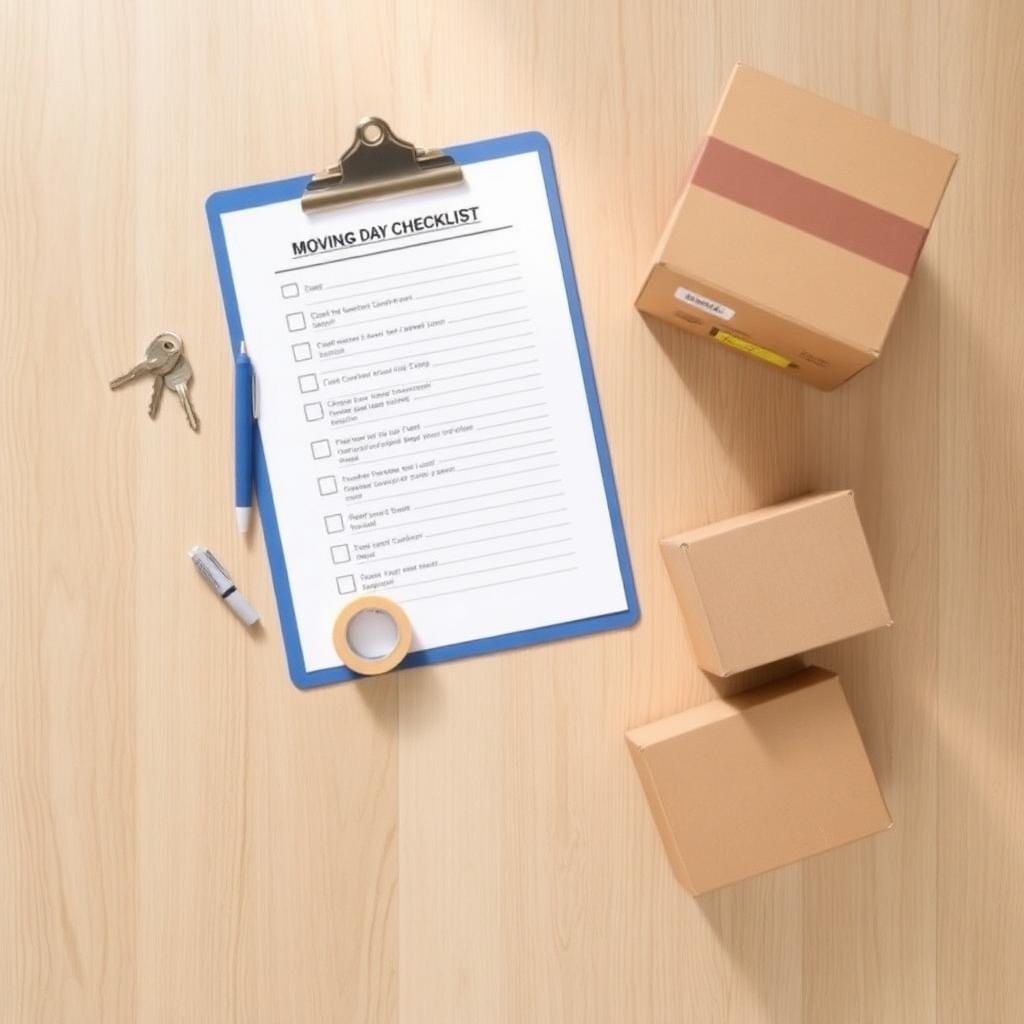 Overhead flat lay of a moving day checklist, keys and labeled boxes