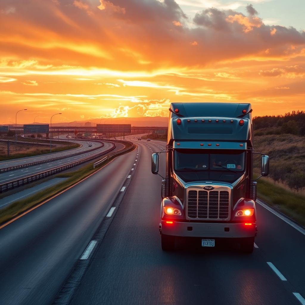 Moving truck traveling on a Texas interstate at golden hour