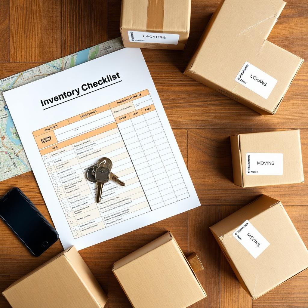 Inventory checklist, map and labeled boxes prepared for a long-distance move