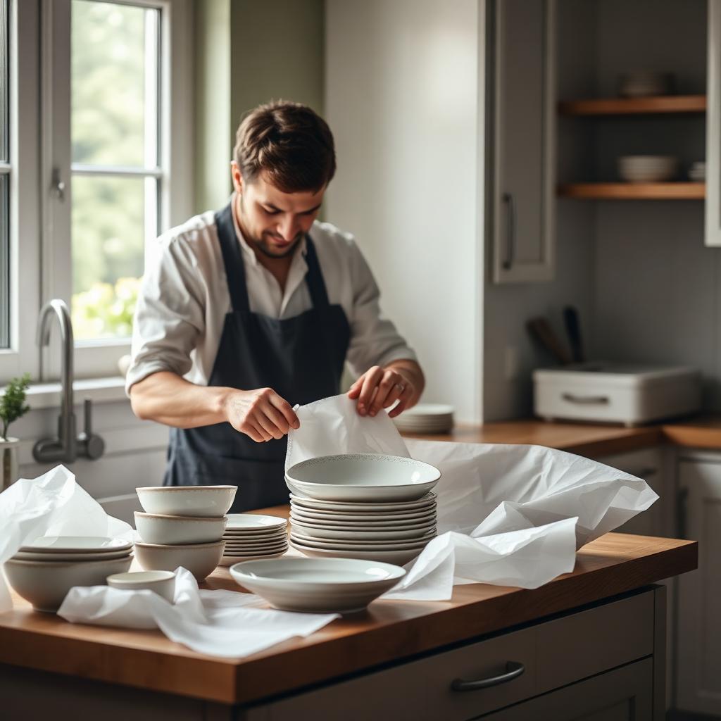Professional packer wrapping fragile dishes at a Plano kitchen counter