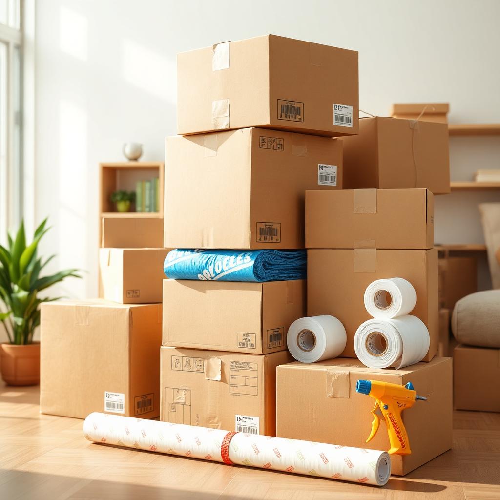Neatly organized moving boxes, bubble wrap, packing paper and tape gun