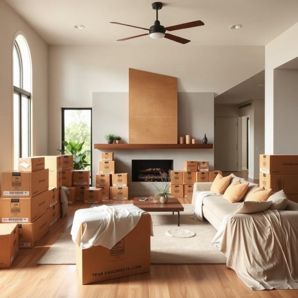 Modern Plano home living room mid-move with labeled boxes and wrapped furniture