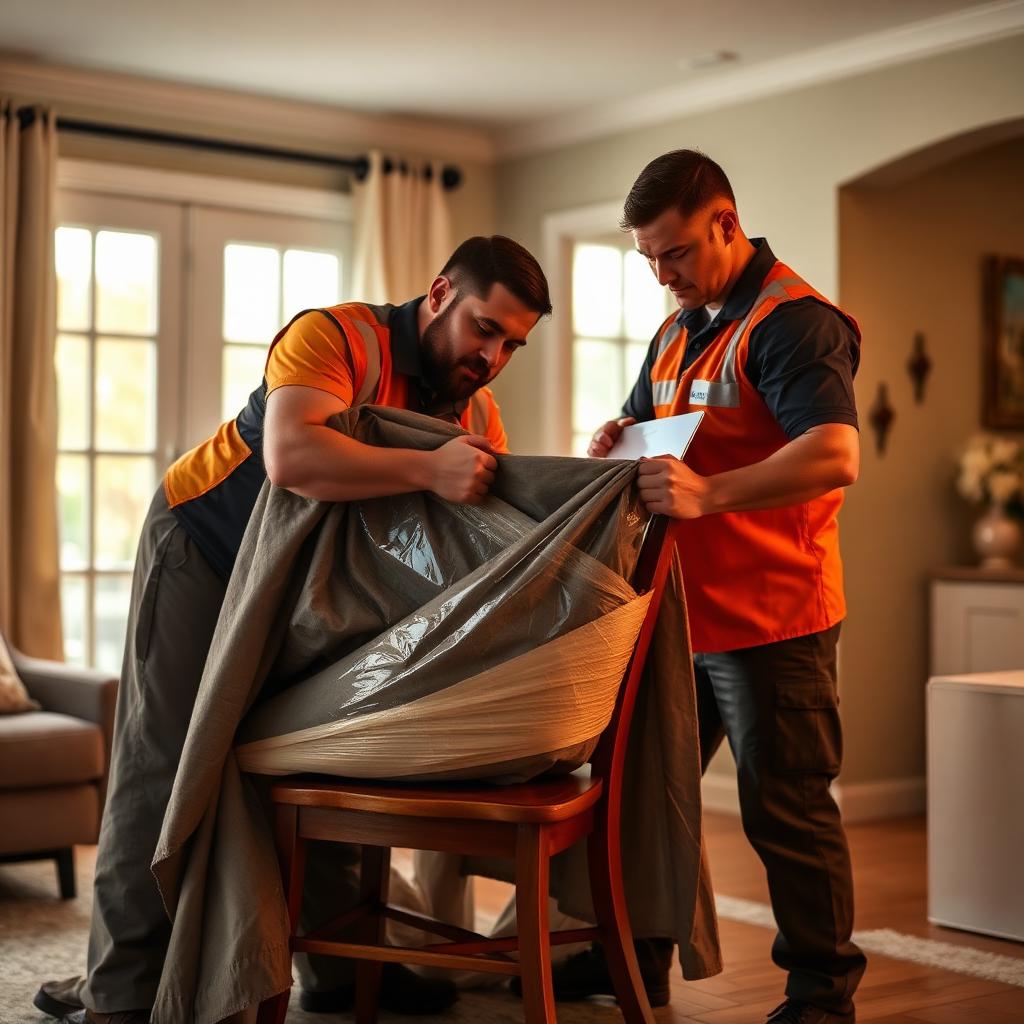 Mover wrapping a wooden chair with moving blankets inside a Plano home