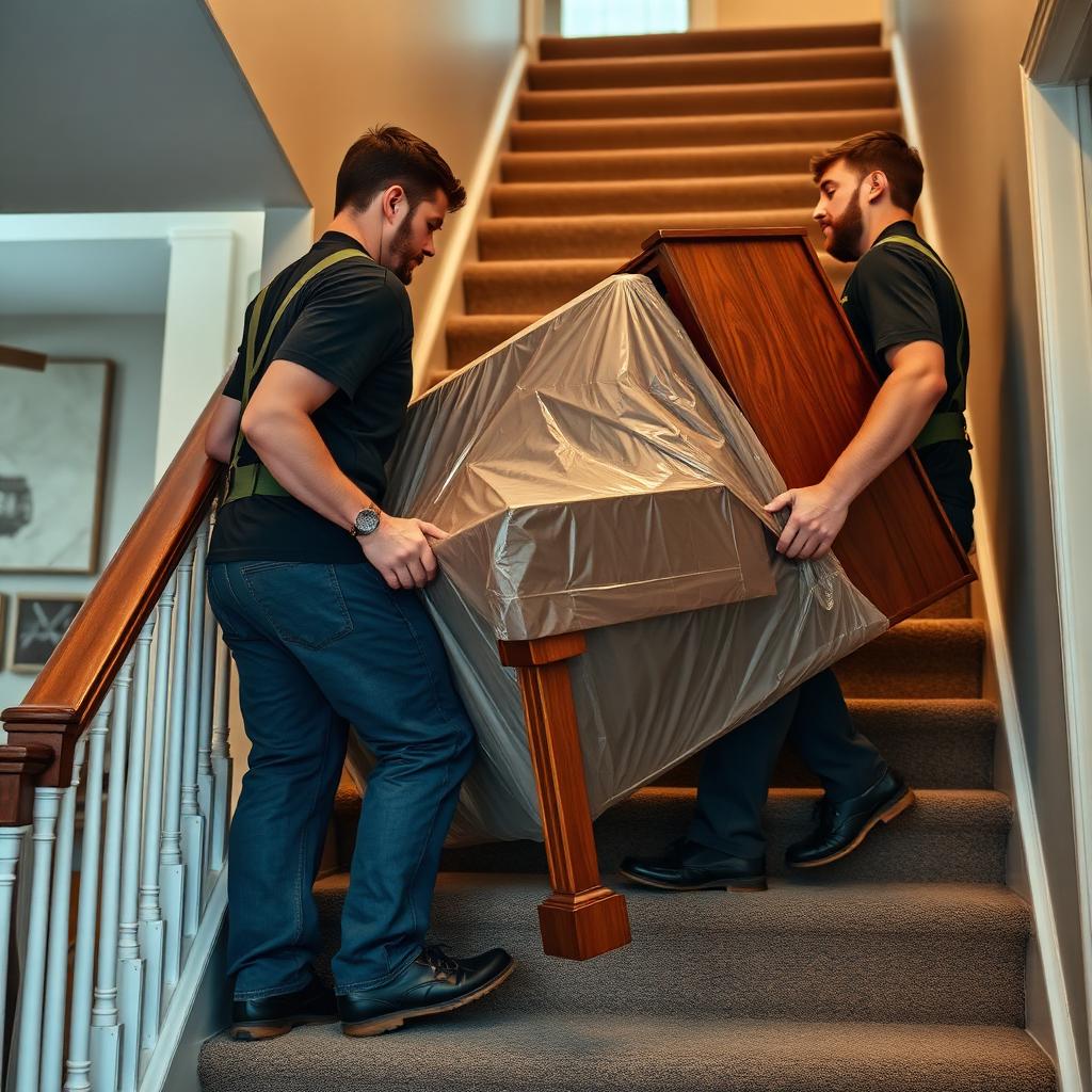 Movers carefully carrying a wrapped piano down a residential staircase with straps