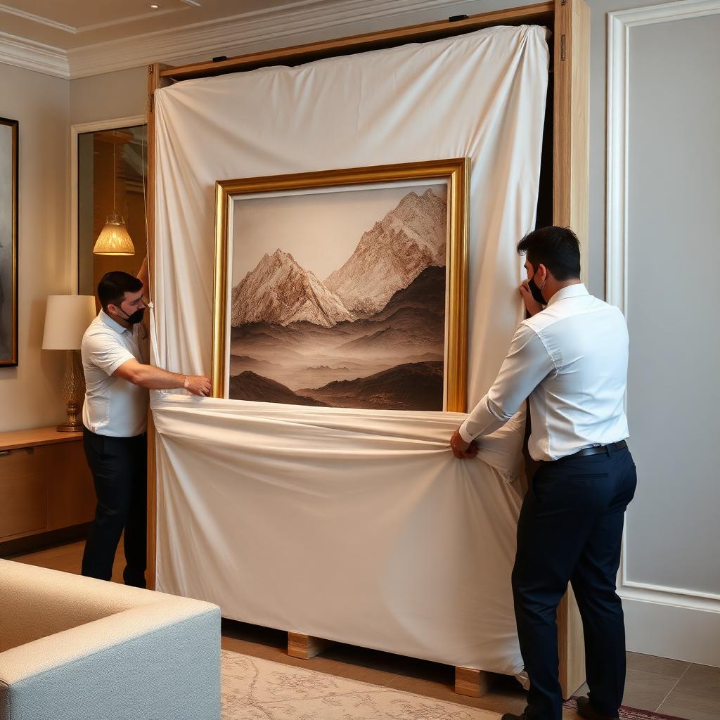 White-glove movers wrapping a large framed artwork in protective padding
