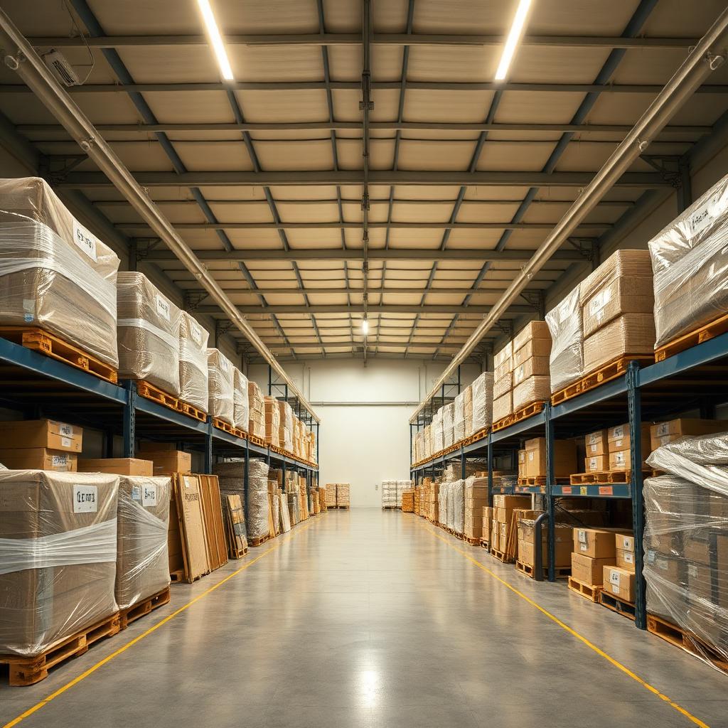 Clean modern storage warehouse with palletized furniture and labeled crates