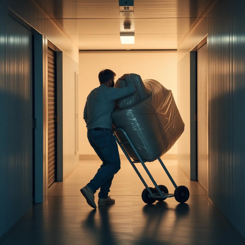 Mover using a dolly to bring a wrapped sofa into a clean storage unit